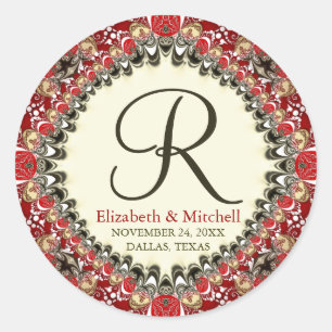 Sticker Rond Mariage de monogramme de dentelle rouge Batik