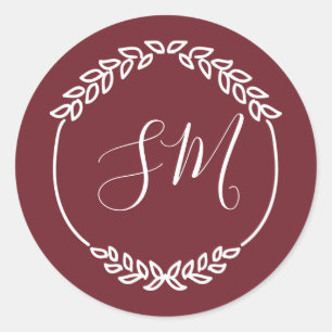 Sticker Rond Mariage de monogramme de feuille blanche bordeaux