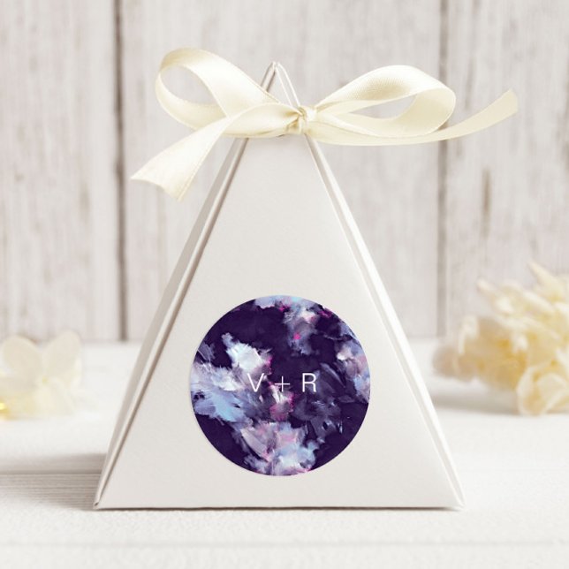 Sticker Rond Mariage de monogramme de pinceau violet moderne (Créateur téléchargé)