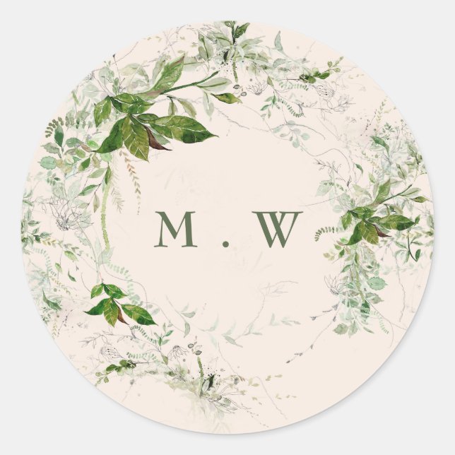 Sticker Rond Mariage de monogramme Elegant Eucalyptus Crème (Devant)