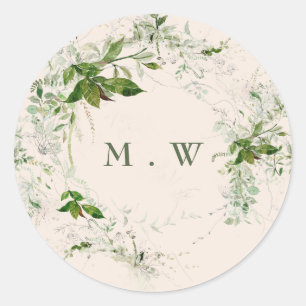 Sticker Rond Mariage de monogramme Elegant Eucalyptus Crème