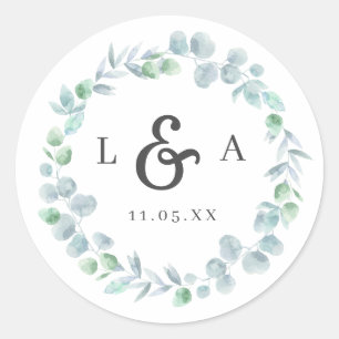 Sticker Rond Mariage de monogramme Ethérée Eucalyptus