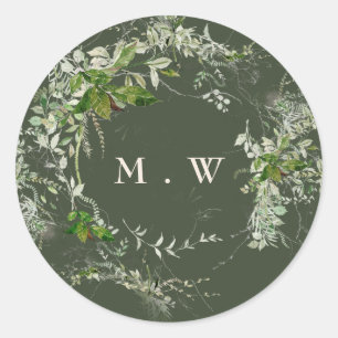 Sticker Rond Mariage de monogramme Eucalyptus Élégant Vert