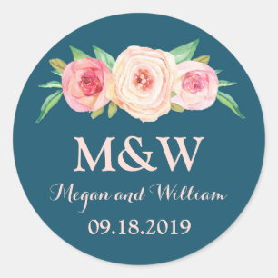 Sticker Rond Mariage de monogramme floral bleu bleu marine rose