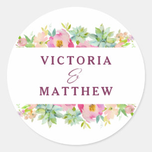 Sticker Rond Mariage de monogramme floral et à la menthe chic e