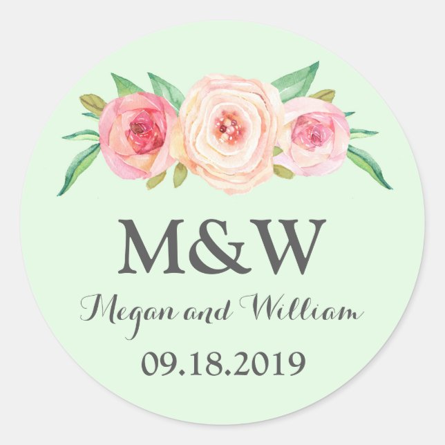 Sticker Rond Mariage de monogramme floral vert (Devant)