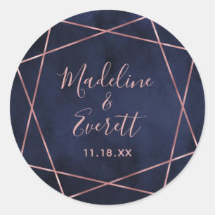 Sticker Rond Mariage de monogramme géométrique bleu et Rose ble