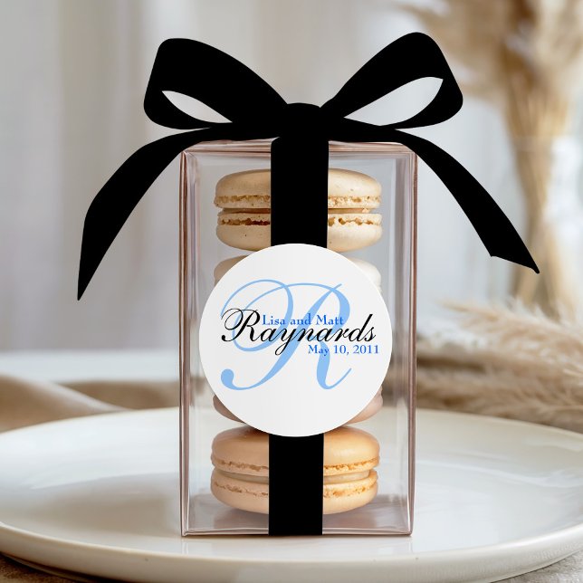 Sticker Rond Mariage de monogramme noir bleu (Créateur téléchargé)