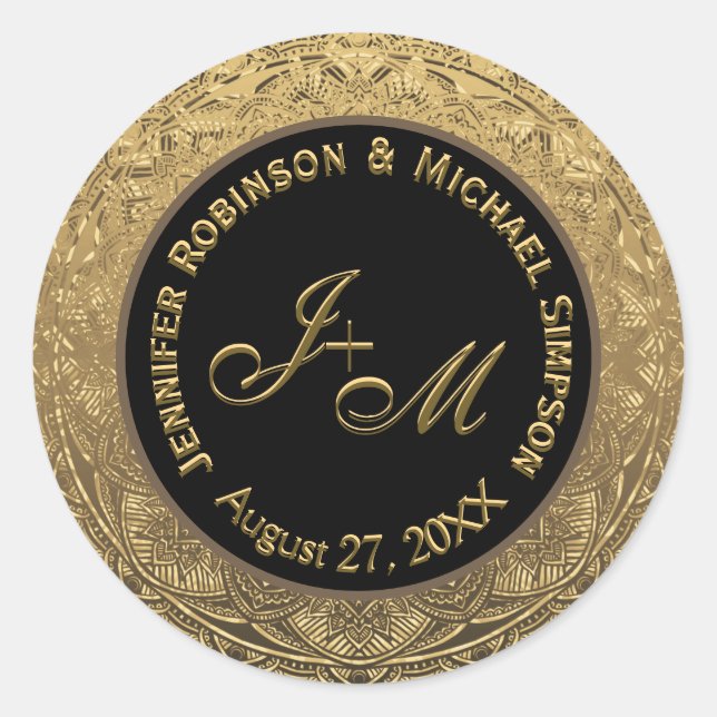 Sticker Rond Mariage de monogramme personnalisable Or et noir (Devant)