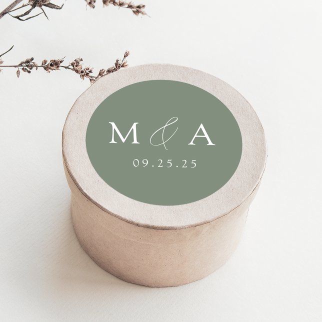 Sticker Rond Mariage de Monogramme vert de Sage moderne (Créateur téléchargé)