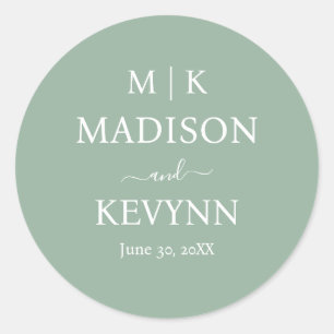 Sticker Rond Mariage de monogramme vert et blanc minimaliste et