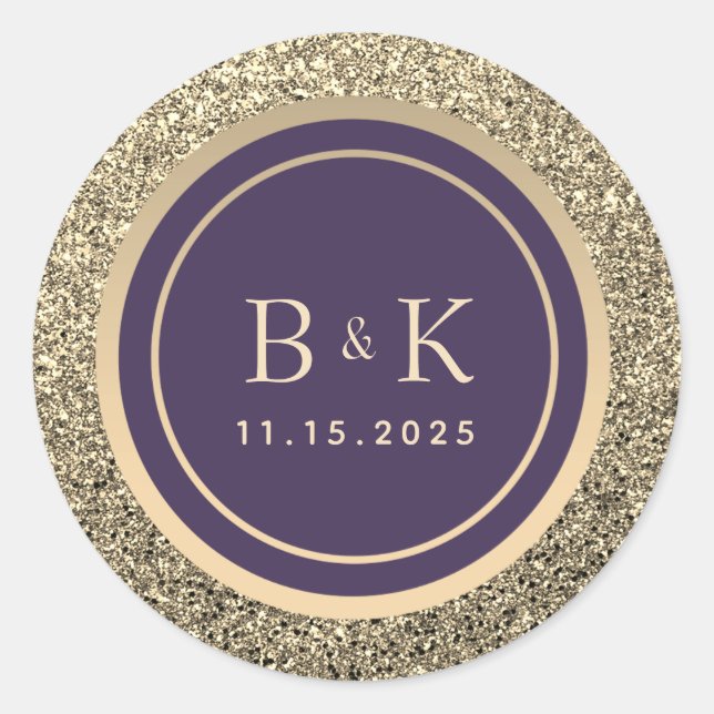Sticker Rond Mariage de monogramme violet et or (Devant)