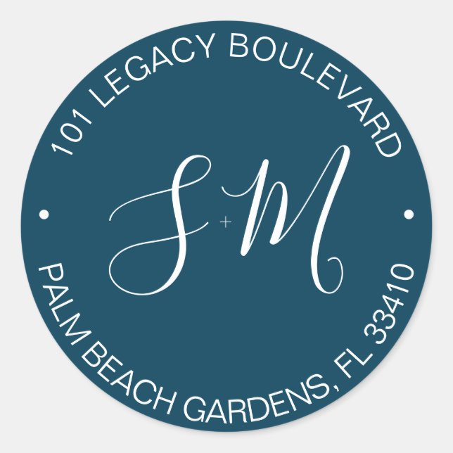 Sticker Rond Mariage de monographie bleu marine Adresse de reto (Devant)