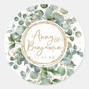 Sticker Rond Mariage de parties scintillant d'or Eucalyptus