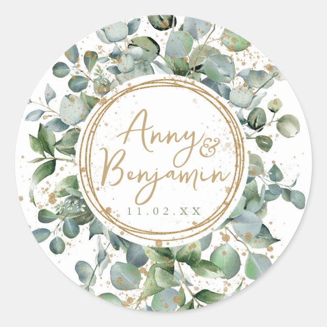 Sticker Rond Mariage de parties scintillant d'or Eucalyptus (Devant)