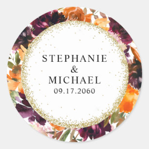 Sticker Rond Mariage de Parties scintillant d'or floral d'autom