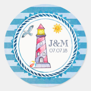 Sticker Rond Mariage de phare à aquarelle rouge