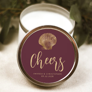 Sticker Rond Mariage de plage côtier Burgundy Gold Cheers