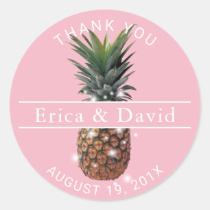 Sticker Rond Mariage de plage d'ananas tropical Merci rose