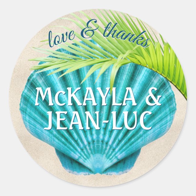 Sticker Rond Mariage de plage Favoriser l'amour et merci Shell  (Devant)
