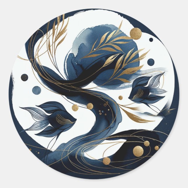 Sticker Rond Mariage de plage Poisson Doré et Bleu de Marine (Devant)