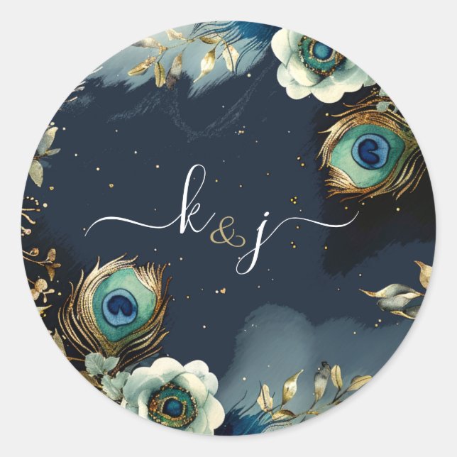 Sticker Rond Mariage de plumes de paon céleste (Devant)