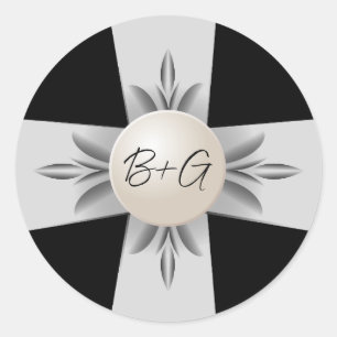 Sticker Rond Mariage de ruban de perle en noir et blanc