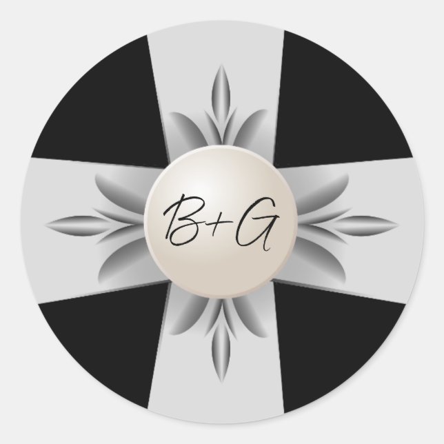 Sticker Rond Mariage de ruban de perle en noir et blanc (Devant)