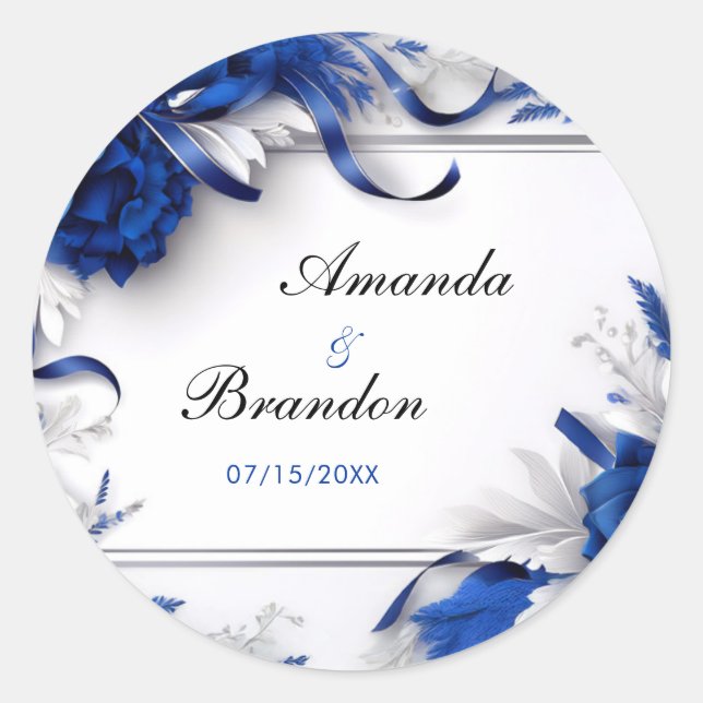 Sticker Rond Mariage de rubans bleu et argent de la marine chic (Devant)