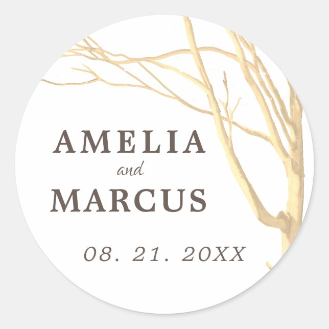Sticker Rond Mariage de script blanc rustique de l'arbre d'hive (Devant)