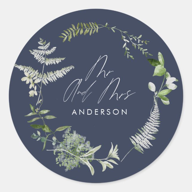 Sticker Rond Mariage de script botanique moderne bleu marine (Devant)