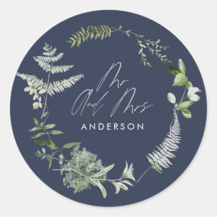 Sticker Rond Mariage de script botanique moderne bleu marine
