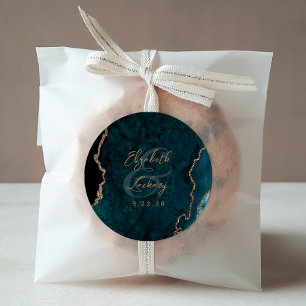 Sticker Rond Mariage de script d'agrégation d'or bleu turquoise