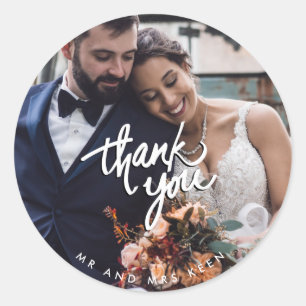 Sticker Rond Mariage de script Mr et Mme Photo Merci Favor