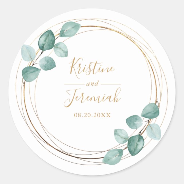 Sticker Rond Mariage de script or Eucalyptus moderne (Devant)