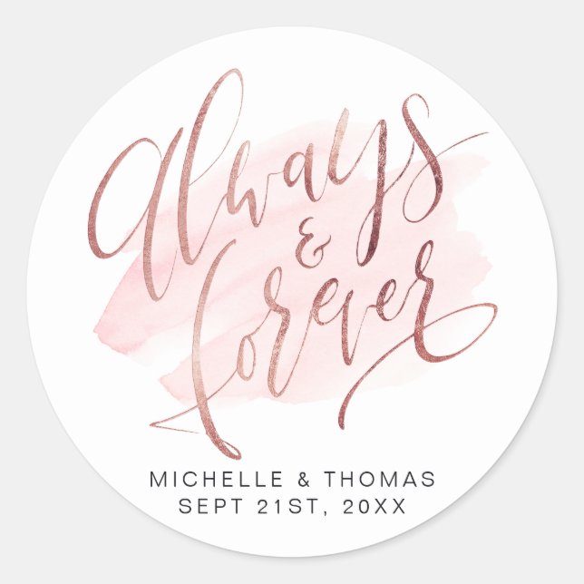 Sticker Rond Mariage De Script rose Gold Blush Toujours Et Fore (Devant)
