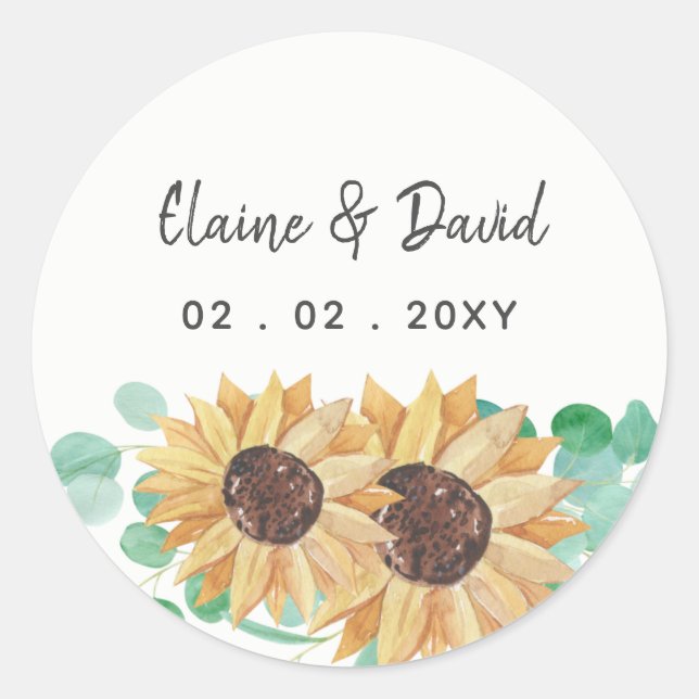 Sticker Rond Mariage de tournesol d'eucalyptus rustique (Devant)
