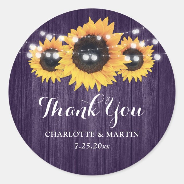 Sticker Rond Mariage de tournesol en bois violet rustique Favor (Devant)