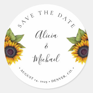 Sticker Rond Mariage de tournesol moderne rustique sauver date