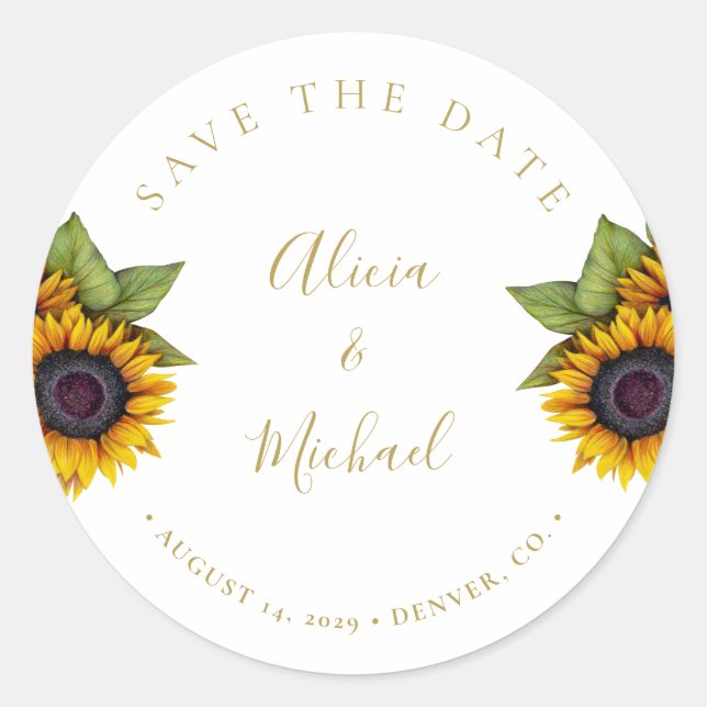 Sticker Rond Mariage de tournesol moderne rustique sauver date (Devant)