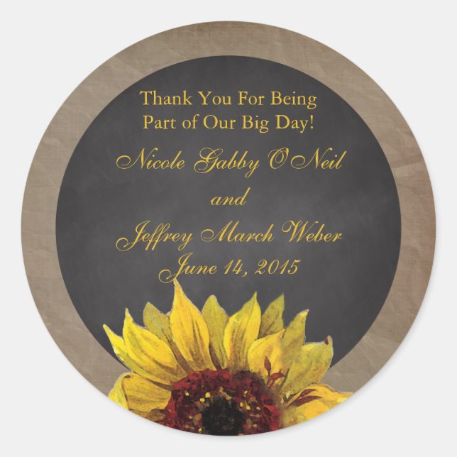 Sticker Rond Mariage de tournesol rustique (Devant)