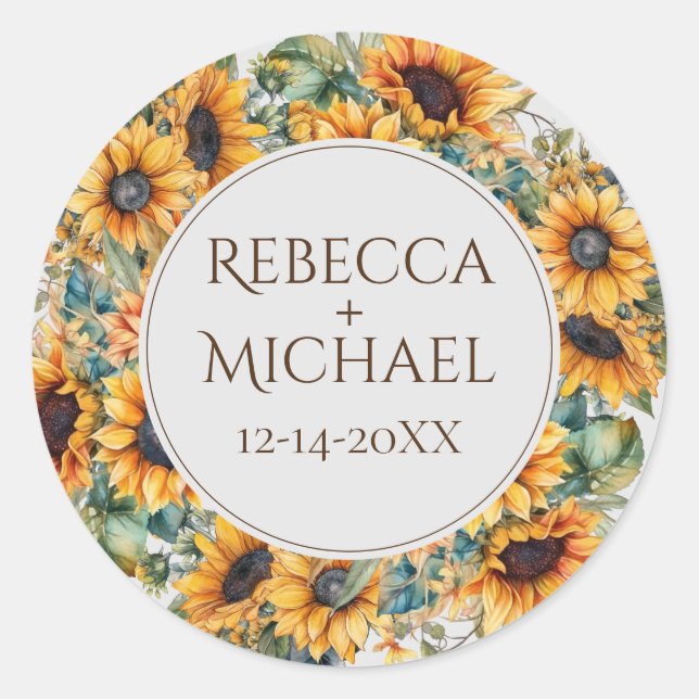 Sticker Rond Mariage de tournesol Rustique Automne (Devant)