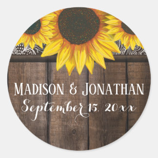 Sticker Rond Mariage de tournesol rustique Barne Bois personnal