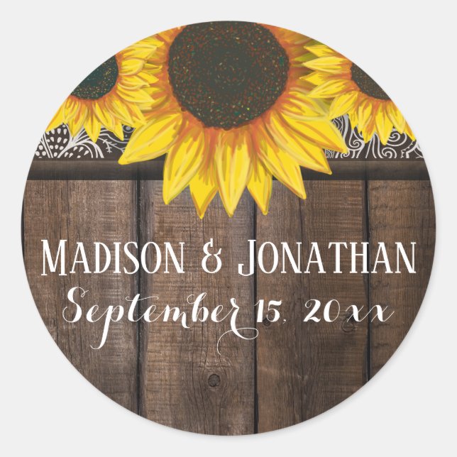 Sticker Rond Mariage de tournesol rustique Barne Bois personnal (Devant)