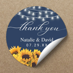 Sticker Rond Mariage de tournesol rustique Marine Merci bleu