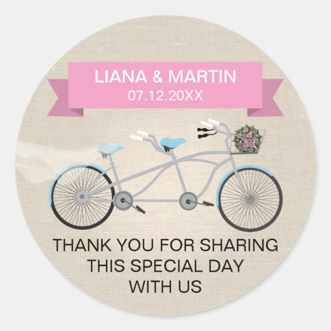 Sticker Rond Mariage de vélo Faux Linen Pink Tandem (Devant)