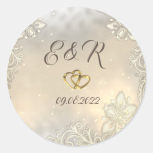 Sticker Rond Mariage Dentelle de Cœurs Or Élégants 