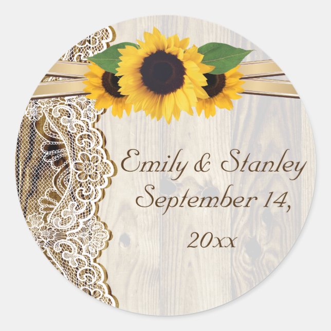 Sticker Rond Mariage dentelle et tournesol en bois Enregistrer  (Devant)