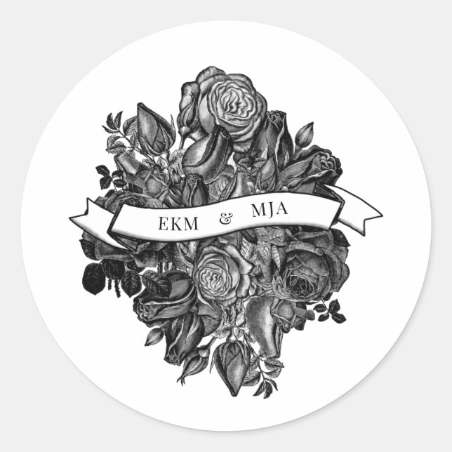 Sticker Rond Mariage d'enveloppe de roses noires et blanches (Devant)