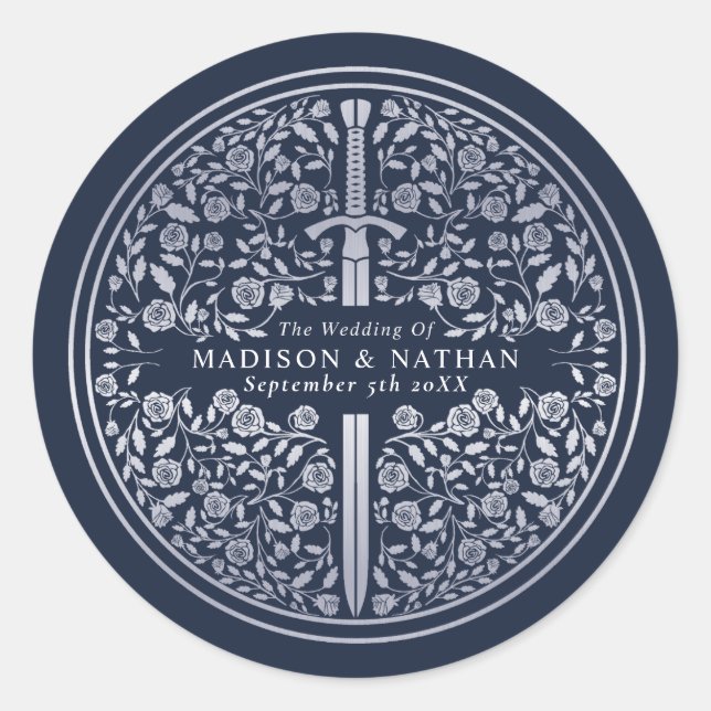 Sticker Rond Mariage d'épée médiévale Bleu Argent (Devant)